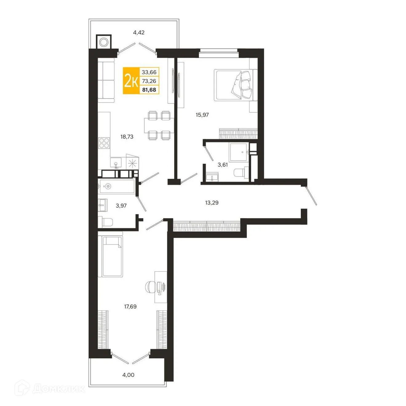 Планировка 2-комнатной квартиры 81.68 м² в ЖК Ривер Парк, г. Рязань — фото 2