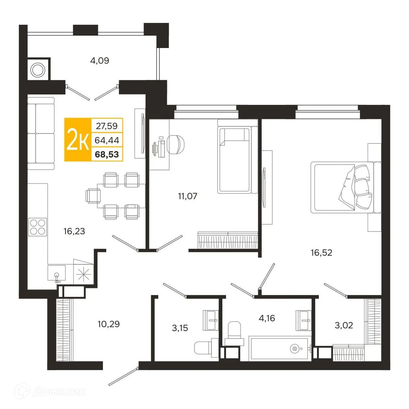 Планировка 2-комнатной квартиры 68.53 м² в ЖК Ривер Парк, г. Рязань — фото 2
