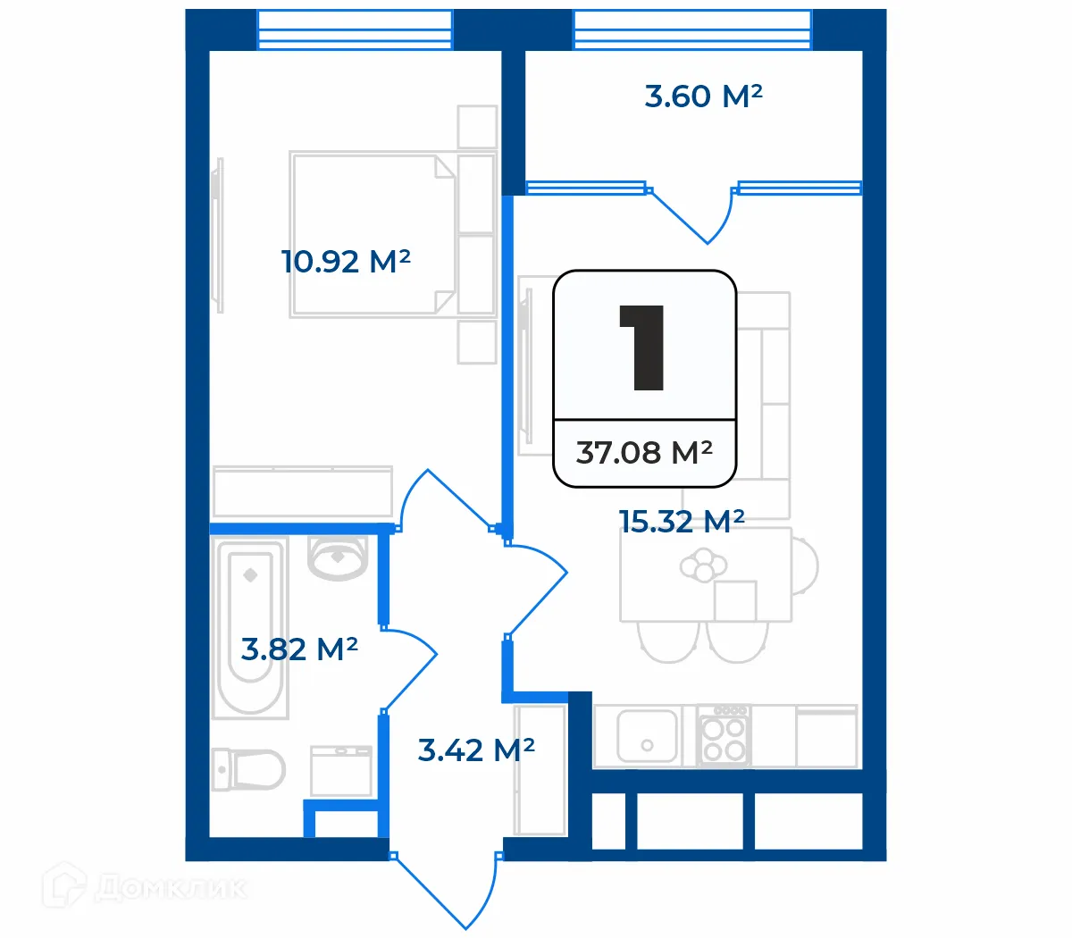 Планировка 1-комнатной квартиры 35.28 м² в ЖК Дом на Разина, г. Рязань — фото 1