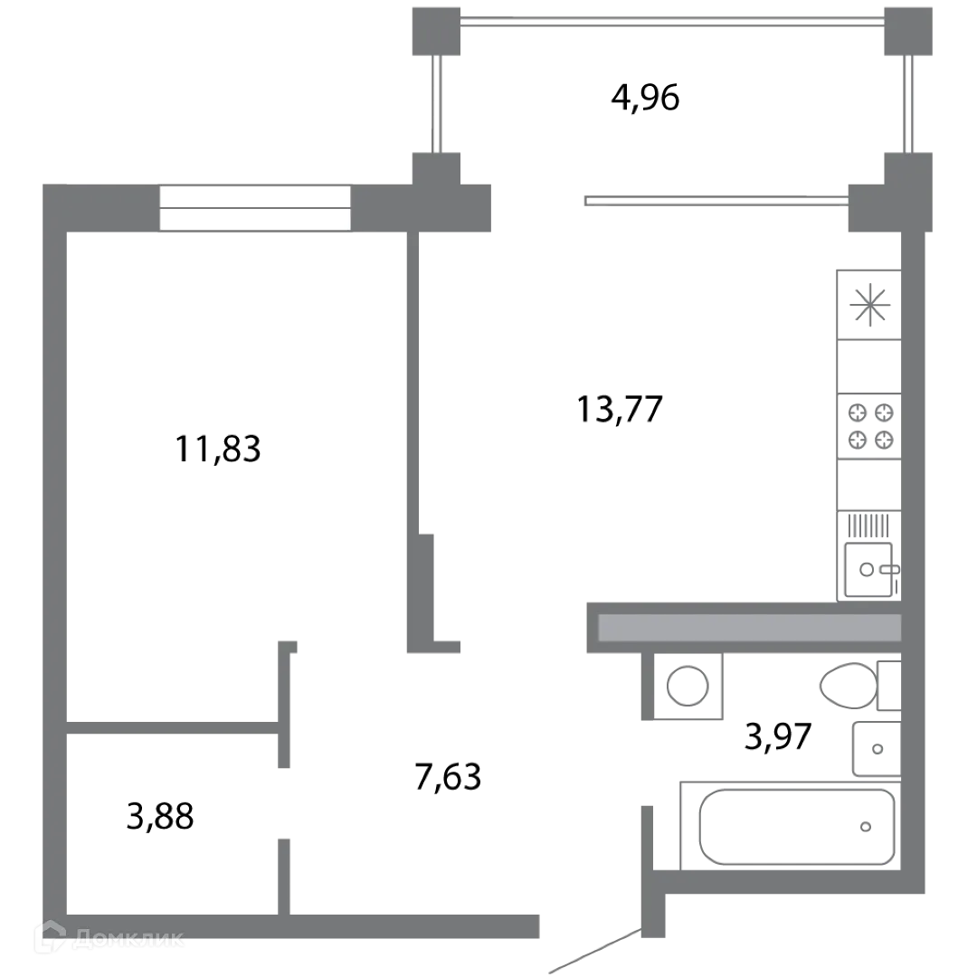 Планировка 1-комнатной квартиры 43.56 м² в ЖК Солотчинский квартал, г. Рязань — фото 1
