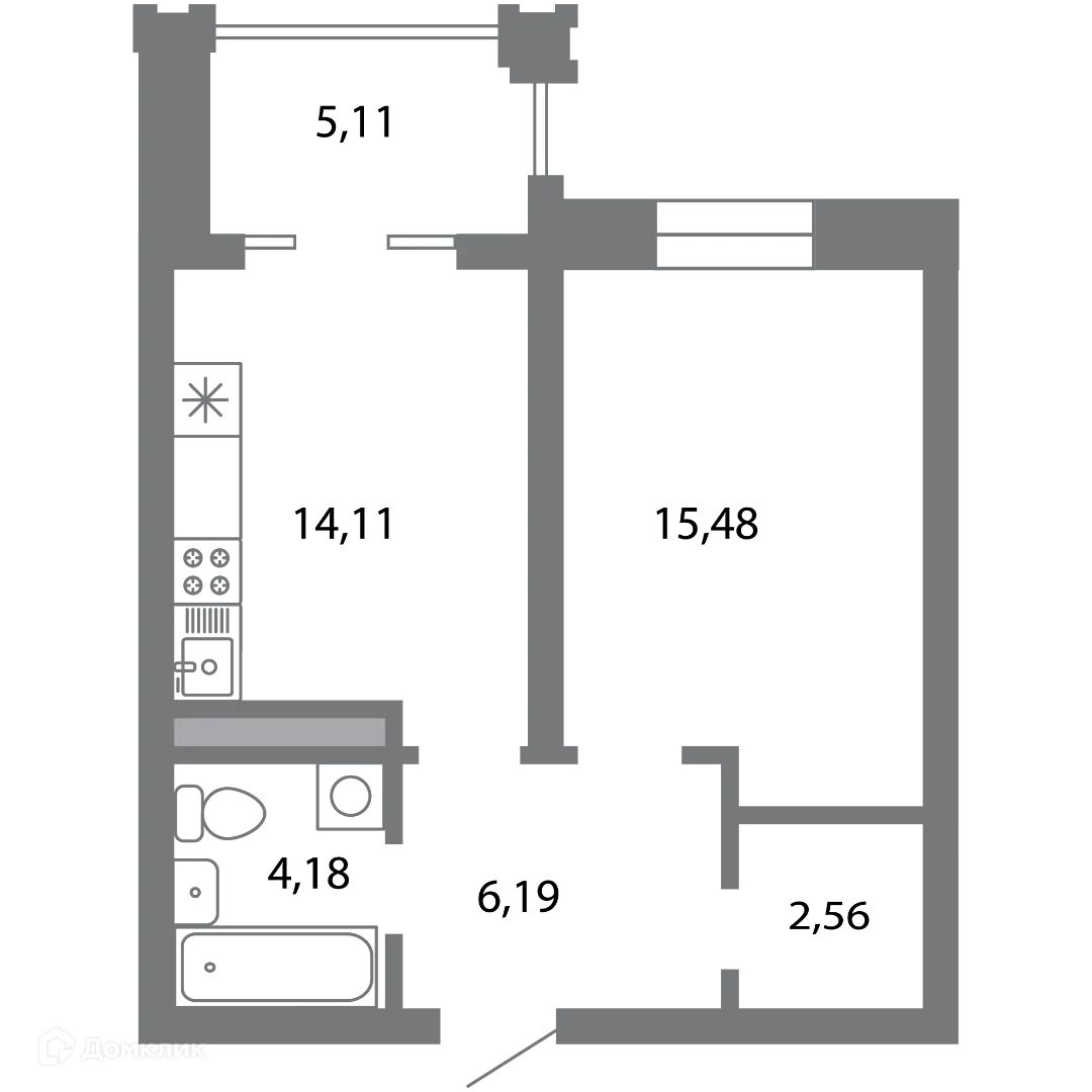 Планировка 1-комнатной квартиры 45.07 м² в ЖК Солотчинский квартал, г. Рязань — фото 1
