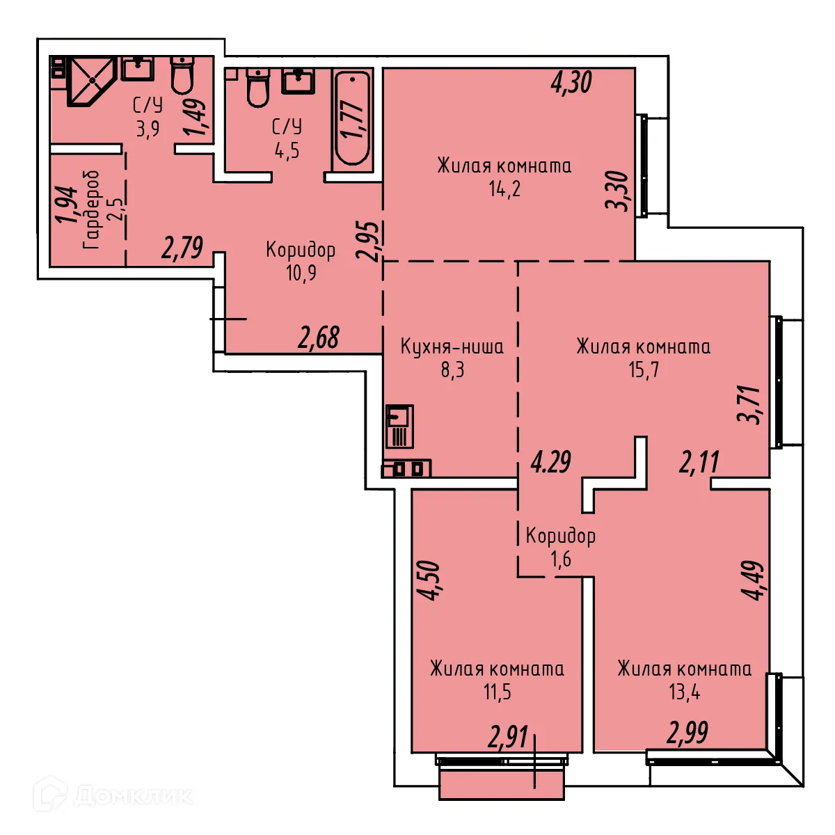 Планировка 4-комнатной квартиры 87.5 м² в ЖК СТРИЖИ СИТИ, г. Иркутск — фото 1