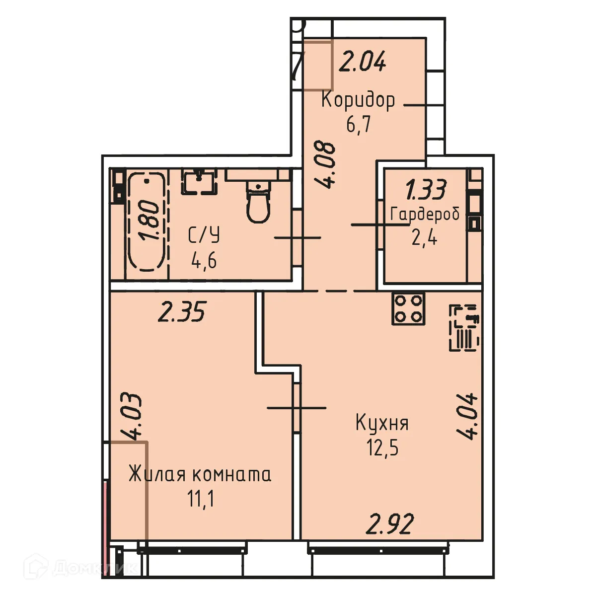 Планировка 1-комнатной квартиры 37.3 м² в ЖК СТРИЖИ СИТИ, г. Иркутск — фото 1