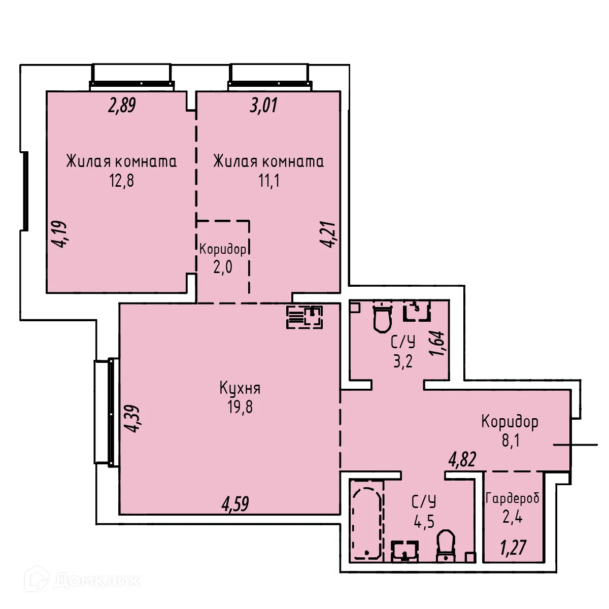 Планировка 2-комнатной квартиры 63.9 м² в ЖК СТРИЖИ СИТИ, г. Иркутск — фото 1