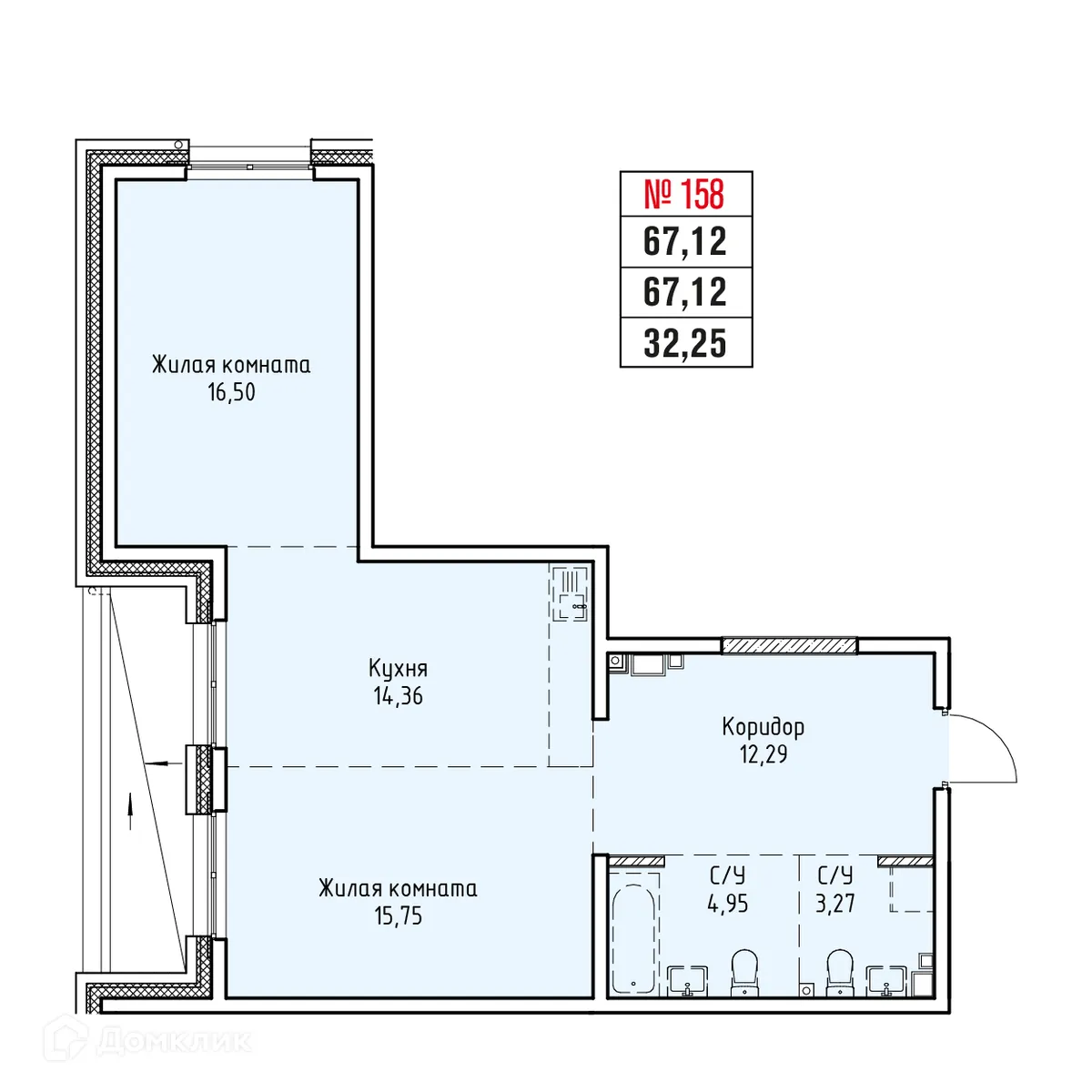 Планировка 2-комнатной квартиры 67.12 м² в ЖК СТРИЖИ СИТИ, г. Иркутск — фото 1