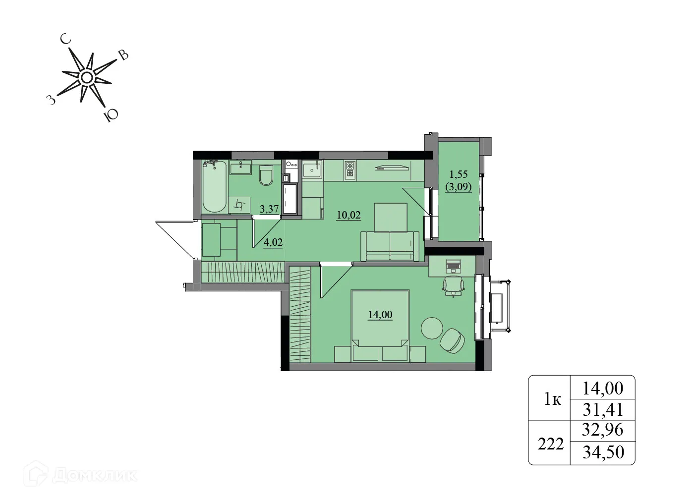 Планировка 1-комнатной квартиры 32.96 м² в ЖК Краски леса, г. Ижевск — фото 1