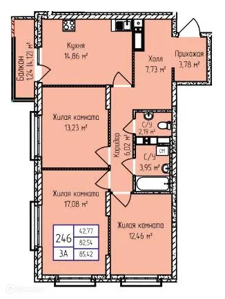 Планировка 3-комнатной квартиры 85.42 м² в ЖК Мюнхен, г. Ижевск — фото 1