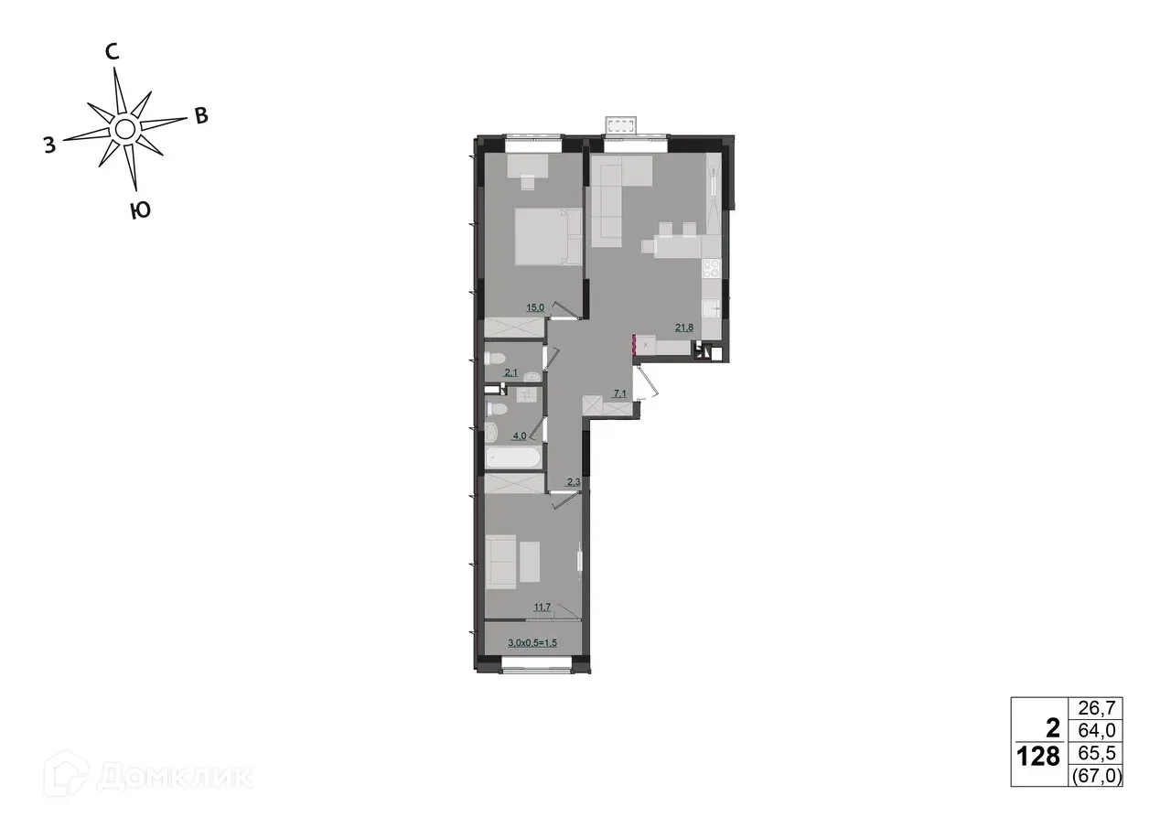 Планировка 2-комнатной квартиры 65.5 м² в ЖК "Соседи", г. Ижевск — фото 1