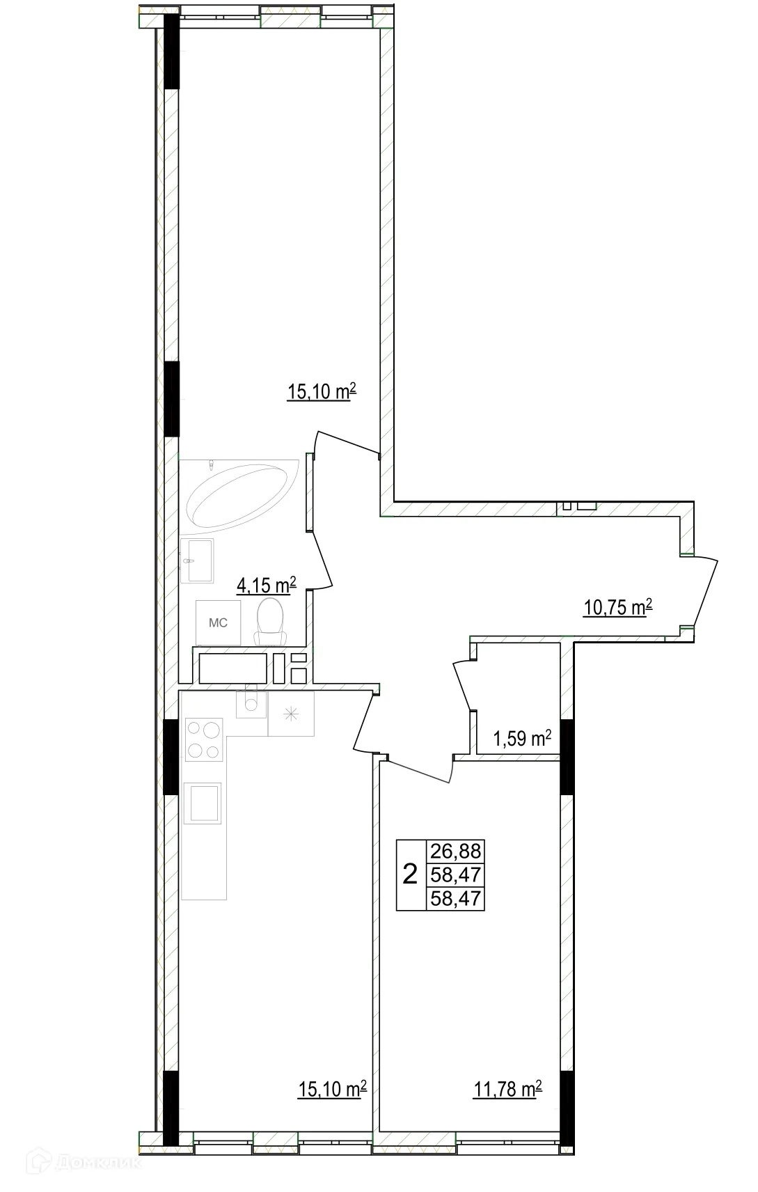 Планировка 2-комнатной квартиры 58.47 м² в ЖК Кварталы, г. Ижевск — фото 1