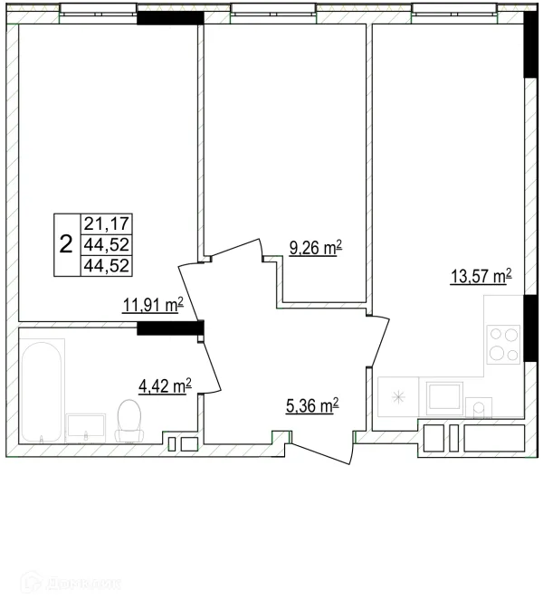 Планировка 2 комн. в ЖК Кварталы