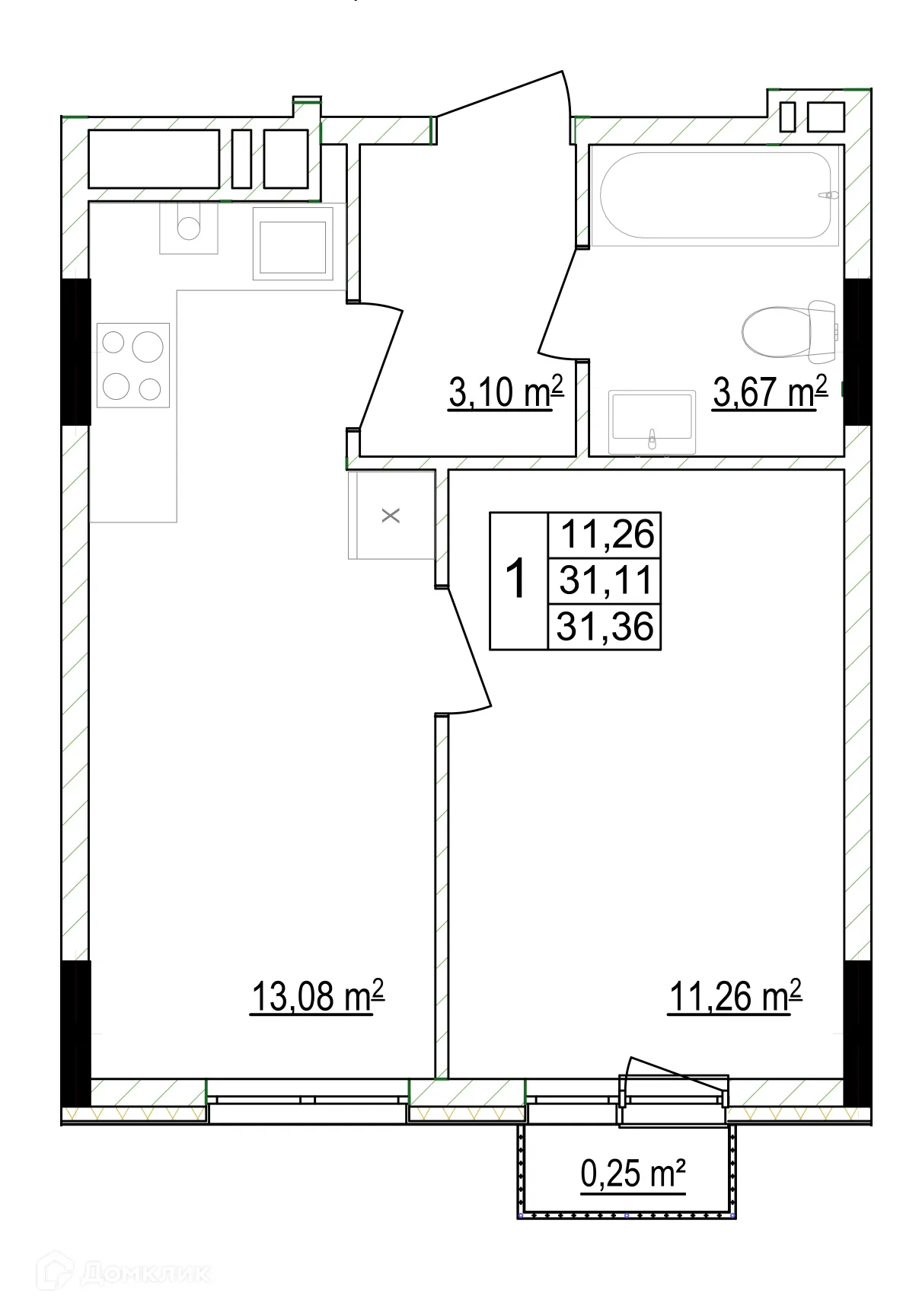 Планировка 1-комнатной квартиры 31.36 м² в ЖК Кварталы, г. Ижевск — фото 1