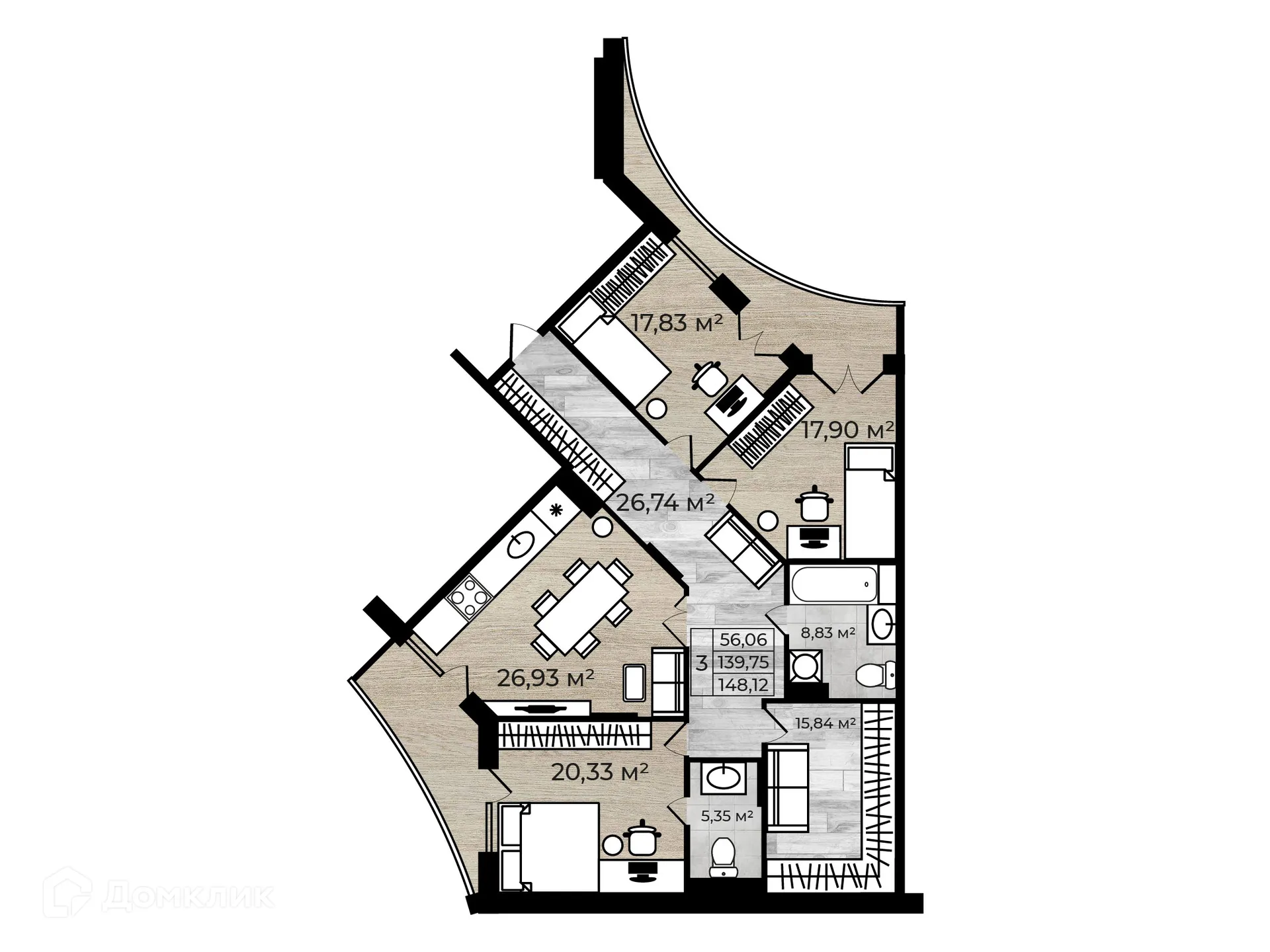 Планировка 3-комнатной квартиры 148.12 м² в ЖК Дом у Реки, г. Ярославль — фото 1