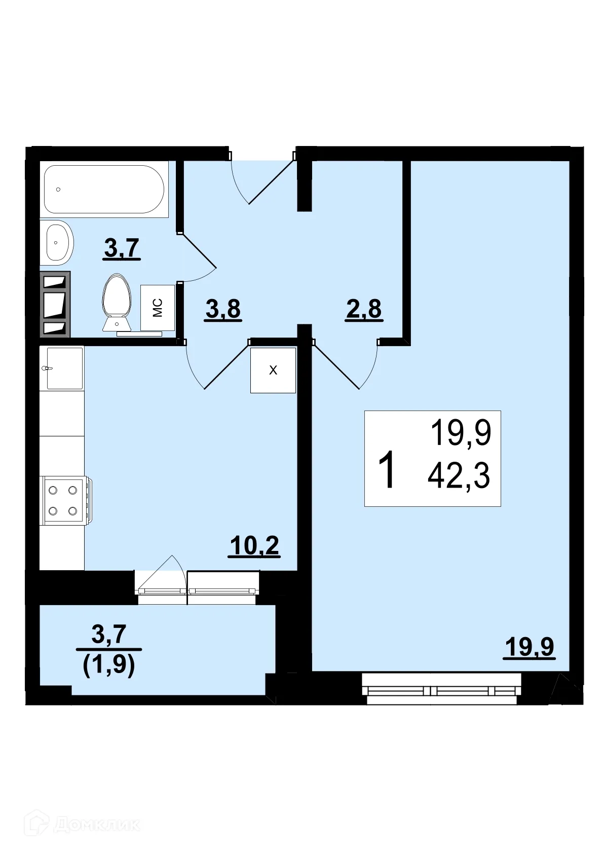 Планировка 1-комнатной квартиры 42.3 м² в ЖК Полёт, г. Ярославль — фото 1