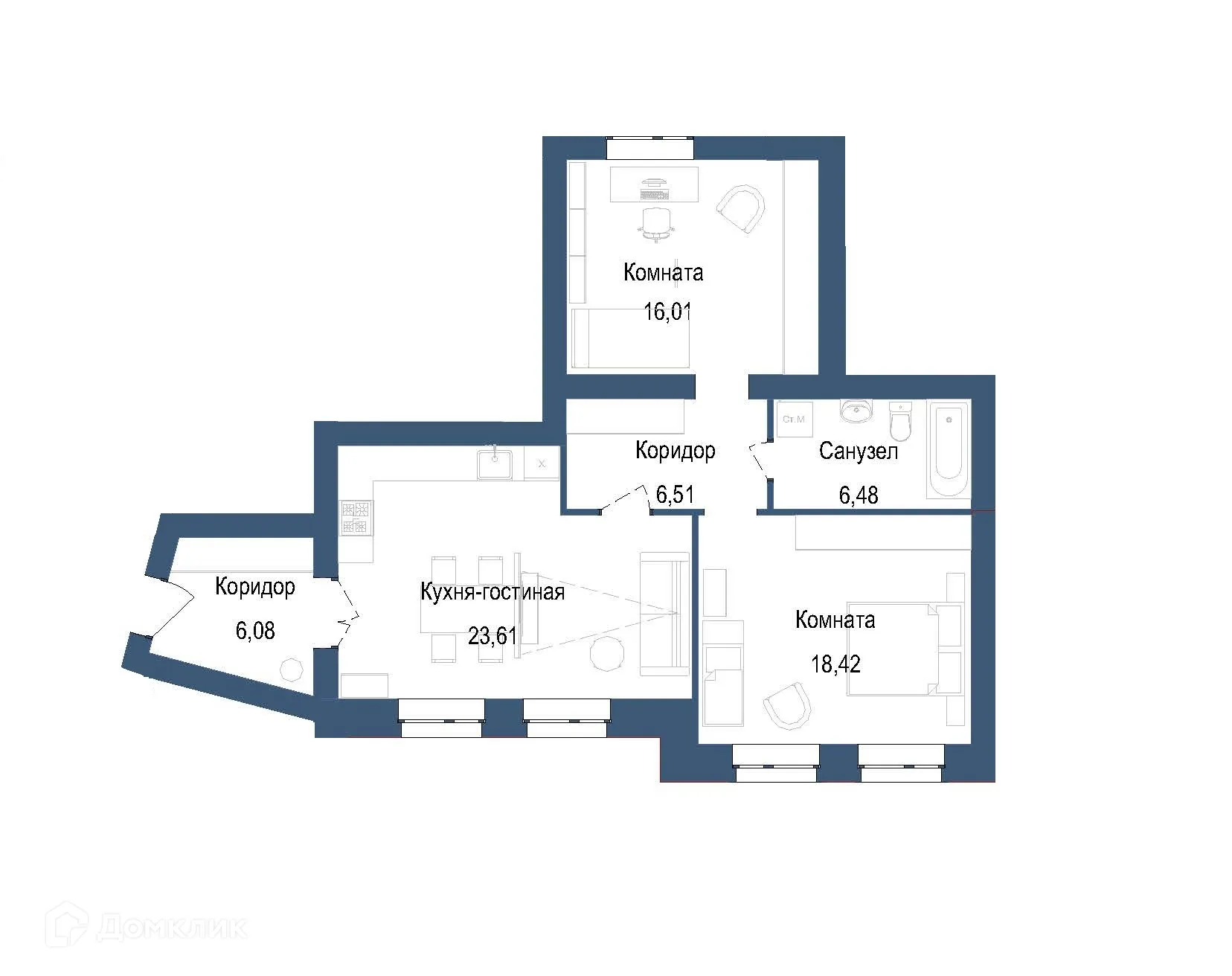 Планировка 2-комнатной квартиры 77.11 м² в ЖК на ул. Мамонтова, г. Ярославль — фото 1
