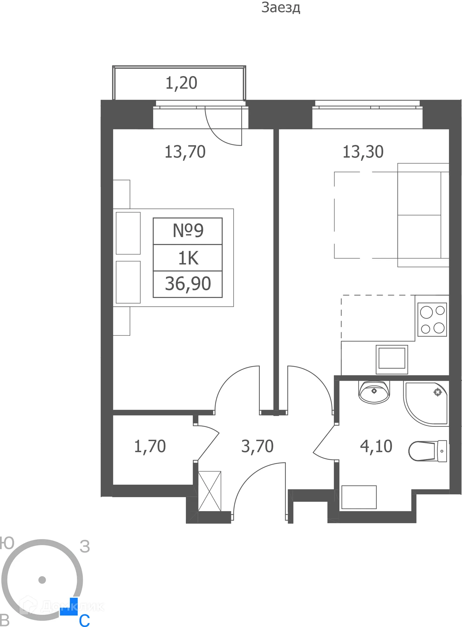 Планировка 1-комнатной квартиры 36.9 м² в ЖК ЭРА, г. Ярославль — фото 1