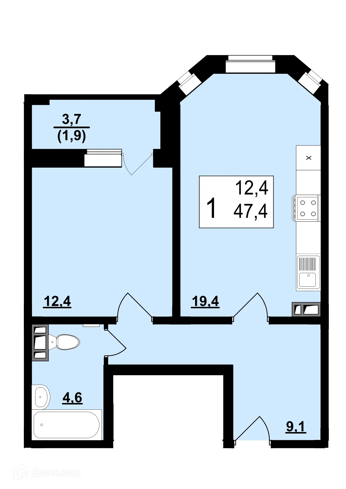 Планировка 1-комнатной квартиры 47.4 м² в ЖК Полёт, г. Ярославль — фото 1