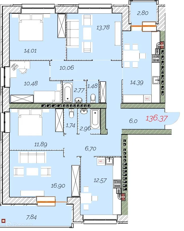 Планировка 4-комнатной квартиры 136.37 м² в ЖК Ботаника, г. Ярославль — фото 1