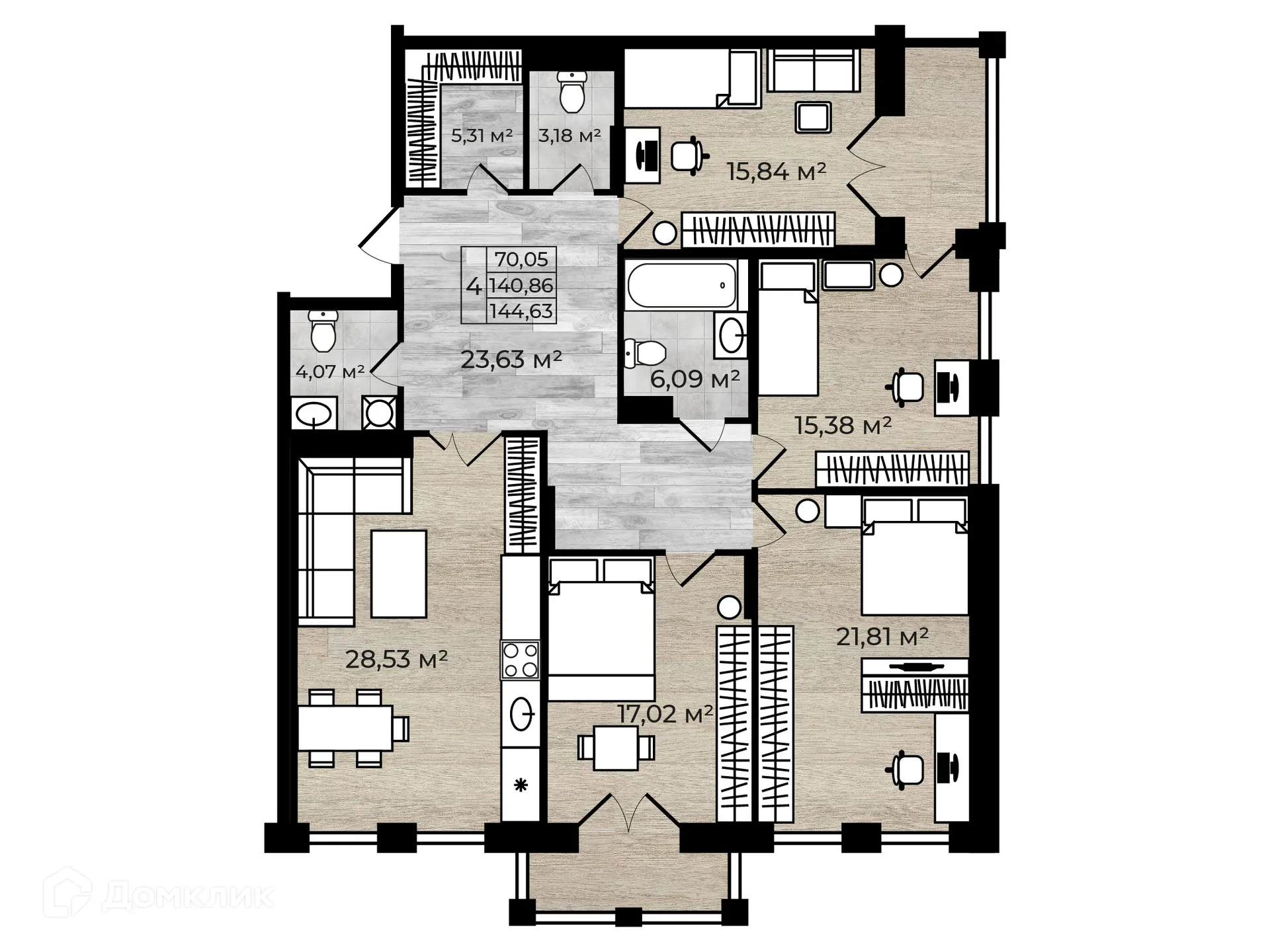 Планировка 4-комнатной квартиры 144.63 м² в ЖК Дом у Реки, г. Ярославль — фото 1