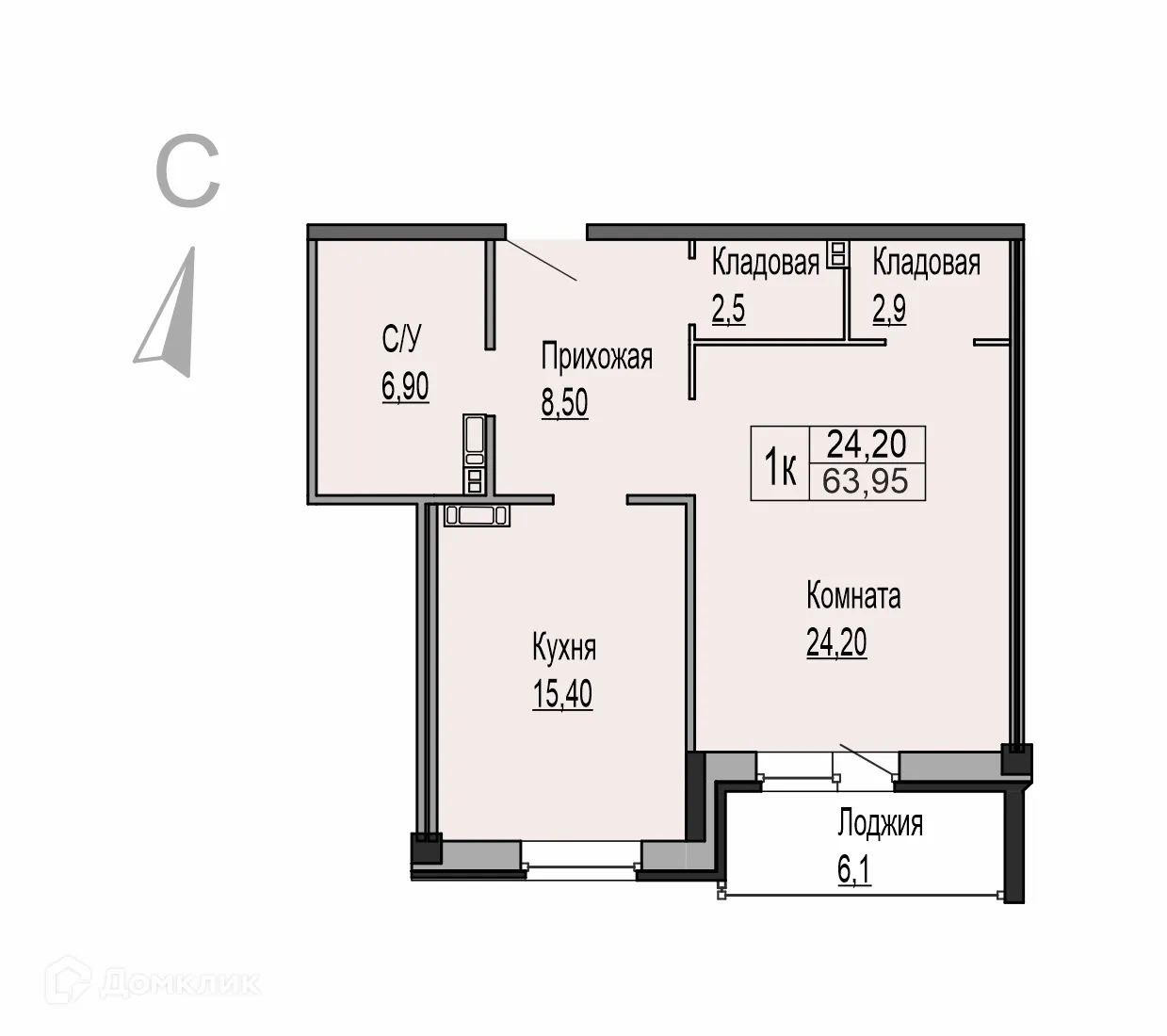 Планировка 1-комнатной квартиры 63.95 м² в ЖК Ривьера Парк, г. Ярославль — фото 1
