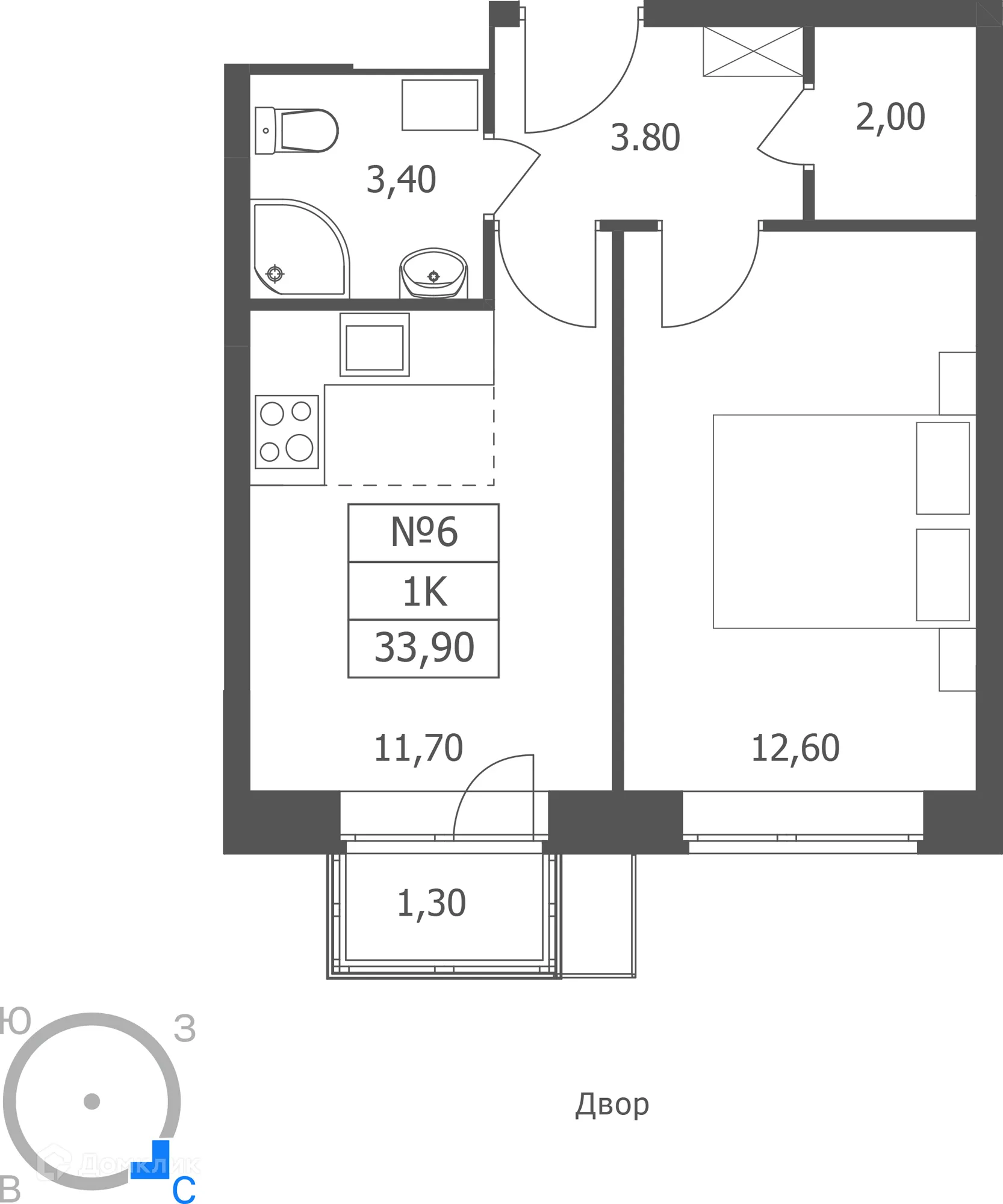 Планировка 1-комнатной квартиры 33.9 м² в ЖК ЭРА, г. Ярославль — фото 1