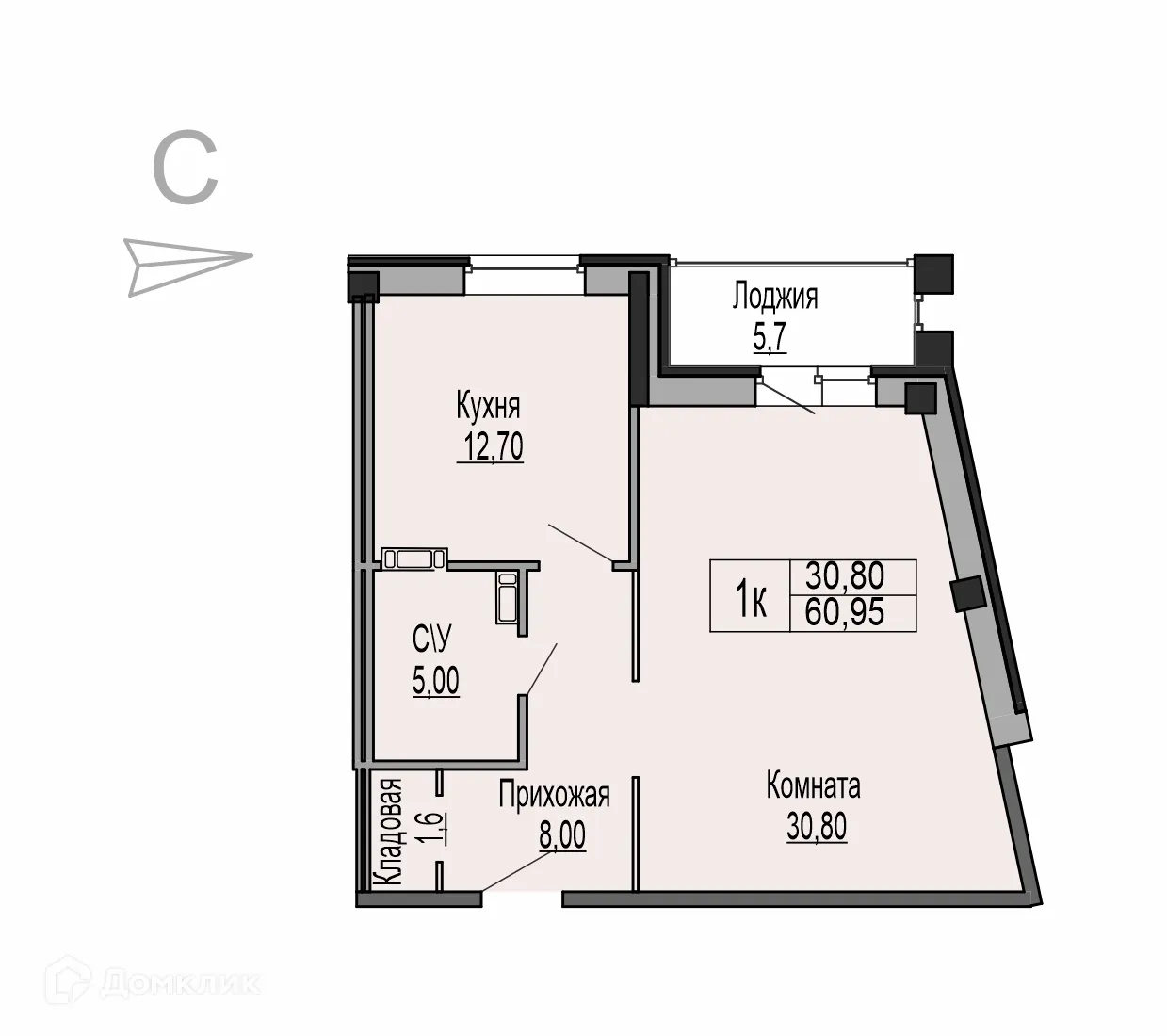 Планировка 1-комнатной квартиры 60.95 м² в ЖК Ривьера Парк, г. Ярославль — фото 1