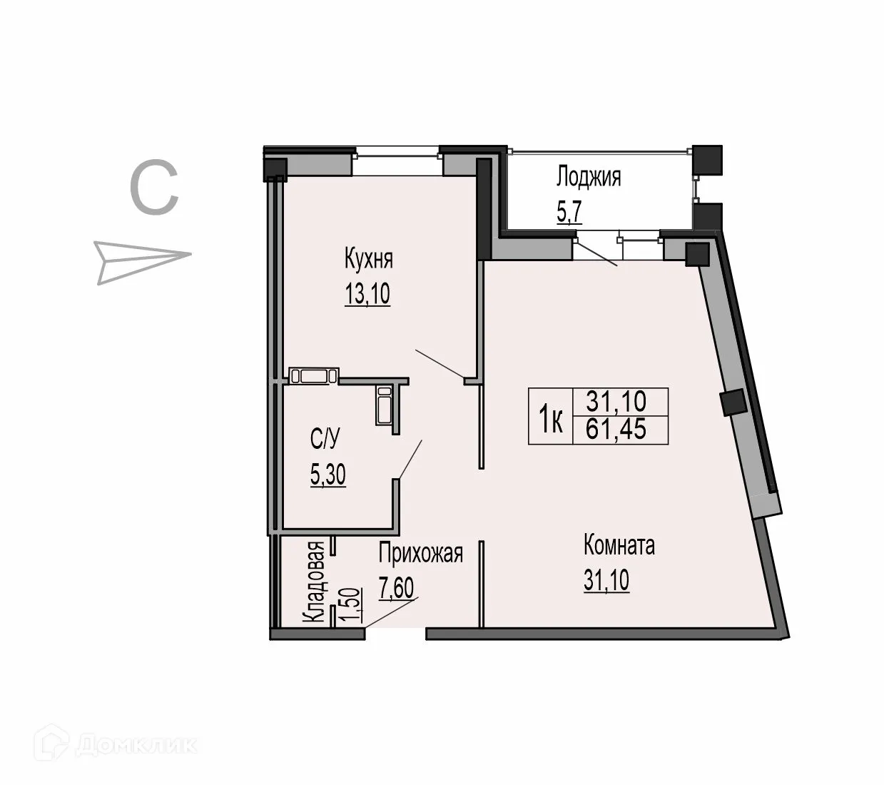 Планировка 1-комнатной квартиры 61.45 м² в ЖК Ривьера Парк, г. Ярославль — фото 1