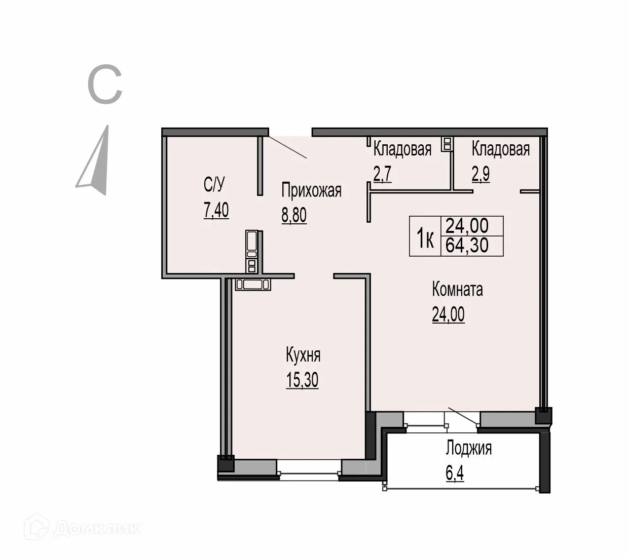 Планировка 1-комнатной квартиры 64.3 м² в ЖК Ривьера Парк, г. Ярославль — фото 1