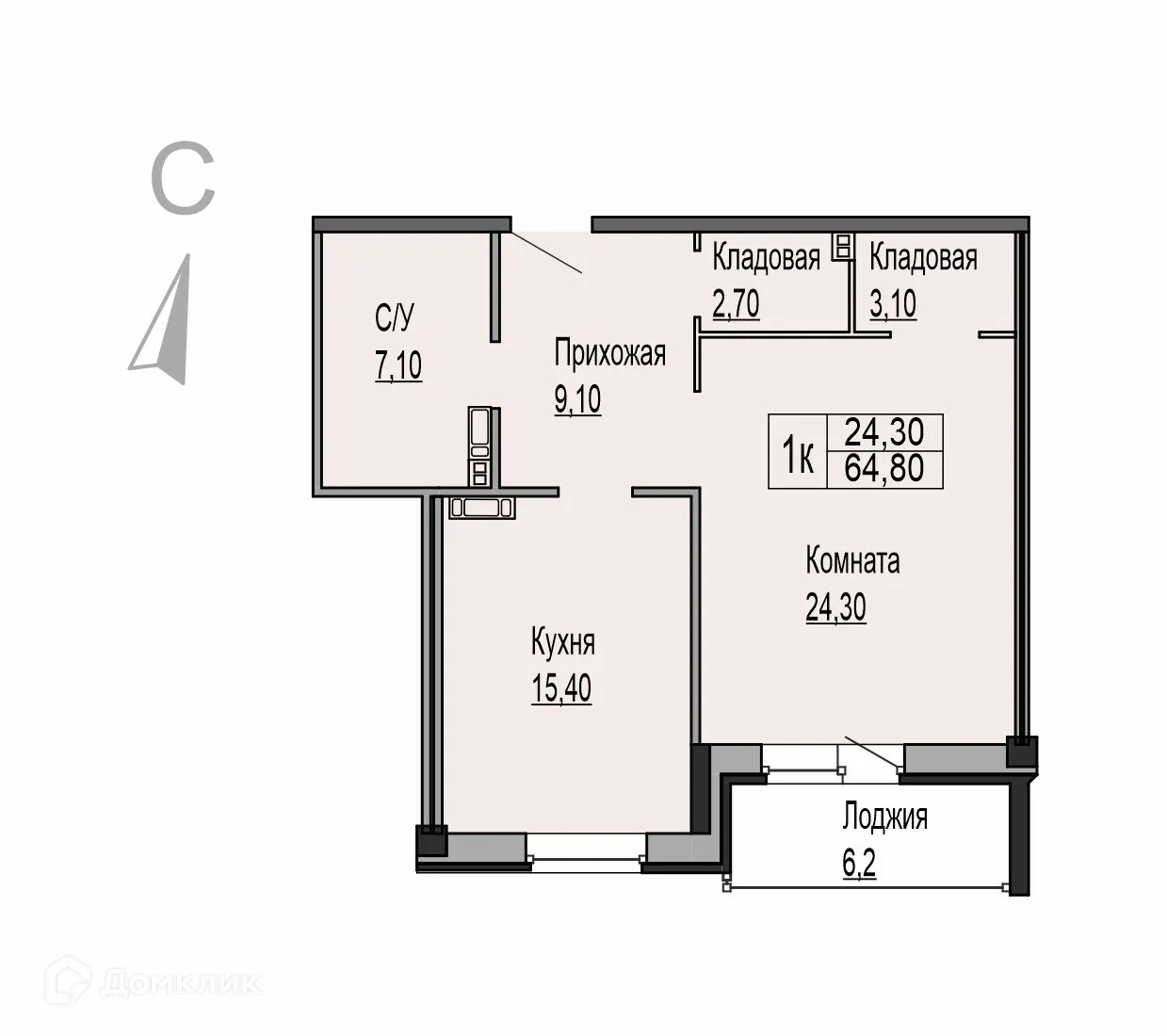 Планировка 1-комнатной квартиры 64.8 м² в ЖК Ривьера Парк, г. Ярославль — фото 1