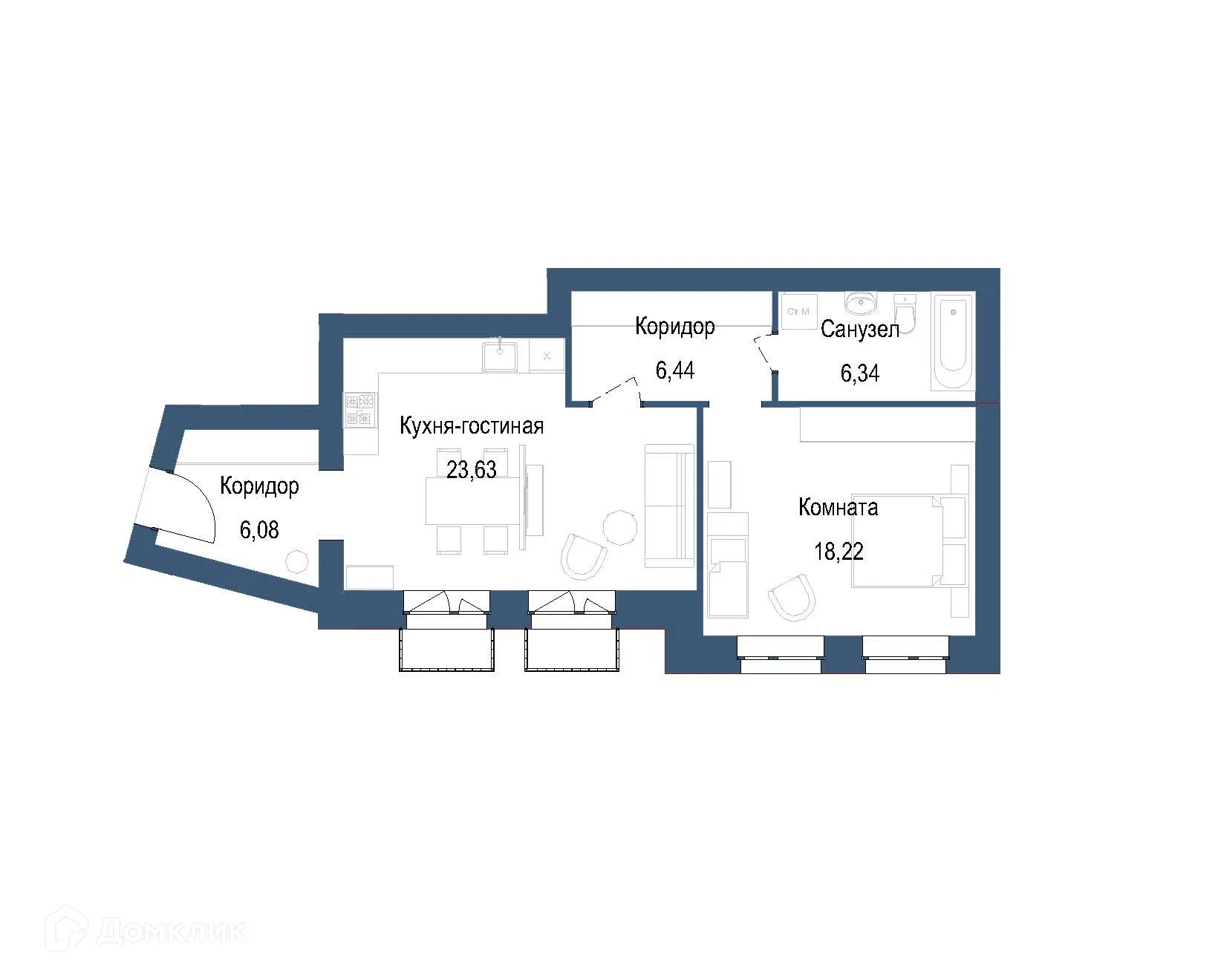 Планировка 1-комнатной квартиры 60.71 м² в ЖК на ул. Мамонтова, г. Ярославль — фото 1