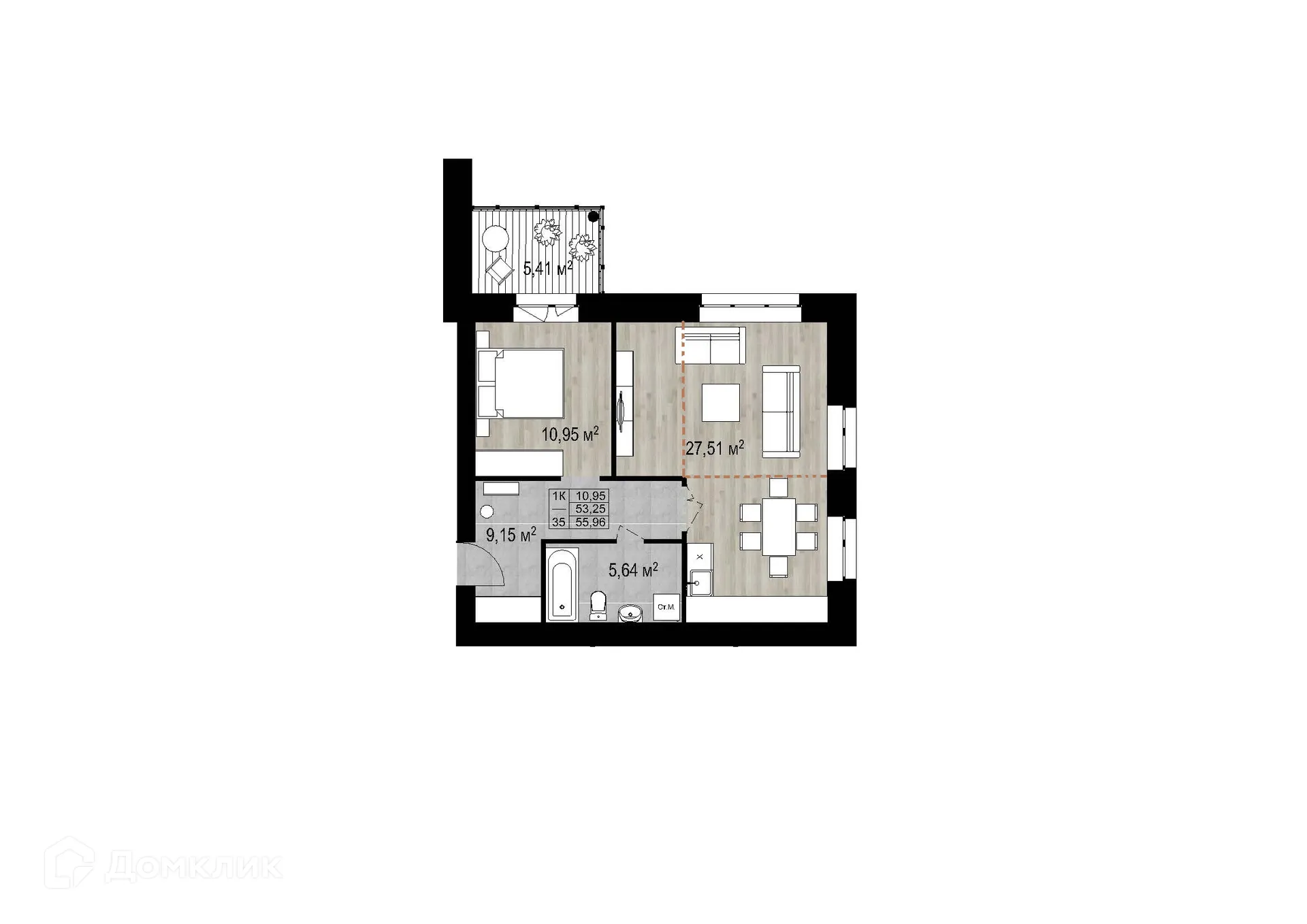 Планировка 2-комнатной квартиры 55.96 м² в ЖК на ул. Мамонтова, г. Ярославль — фото 1
