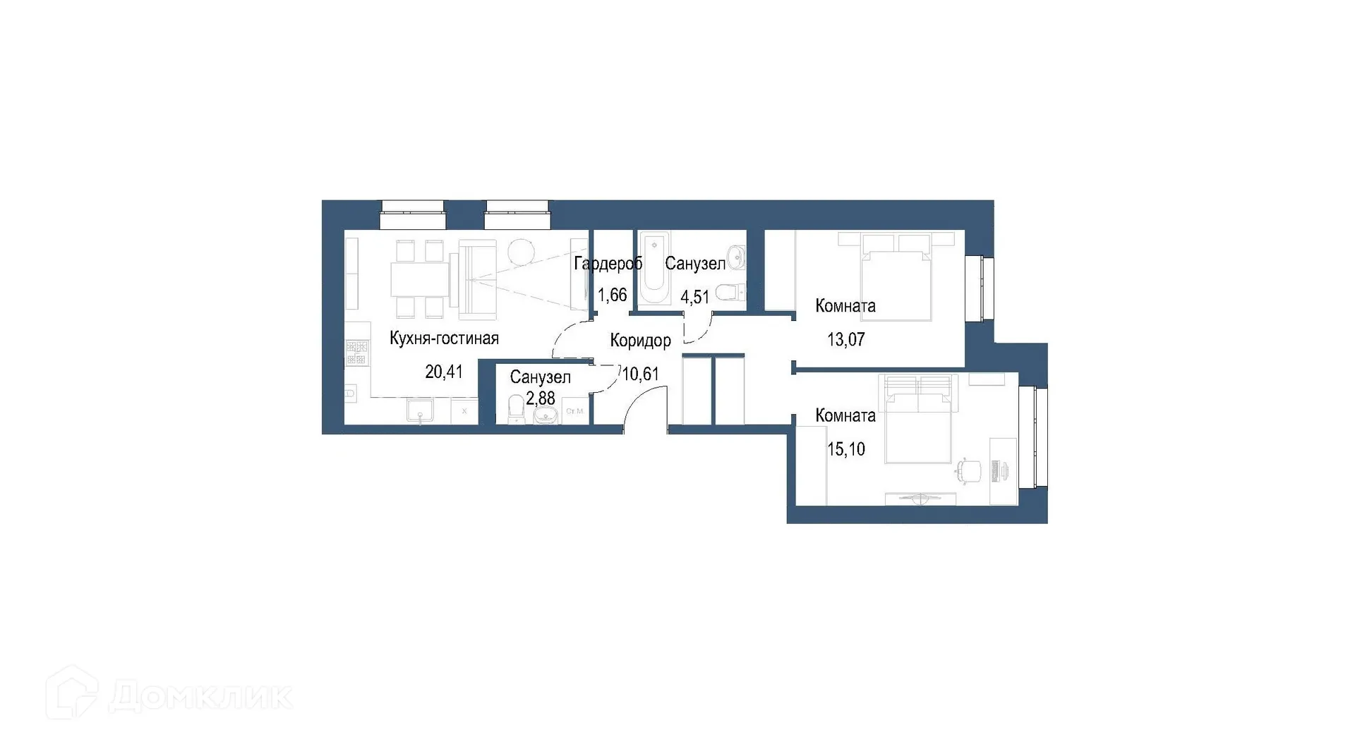 Планировка 2-комнатной квартиры 68.24 м² в ЖК на ул. Мамонтова, г. Ярославль — фото 1