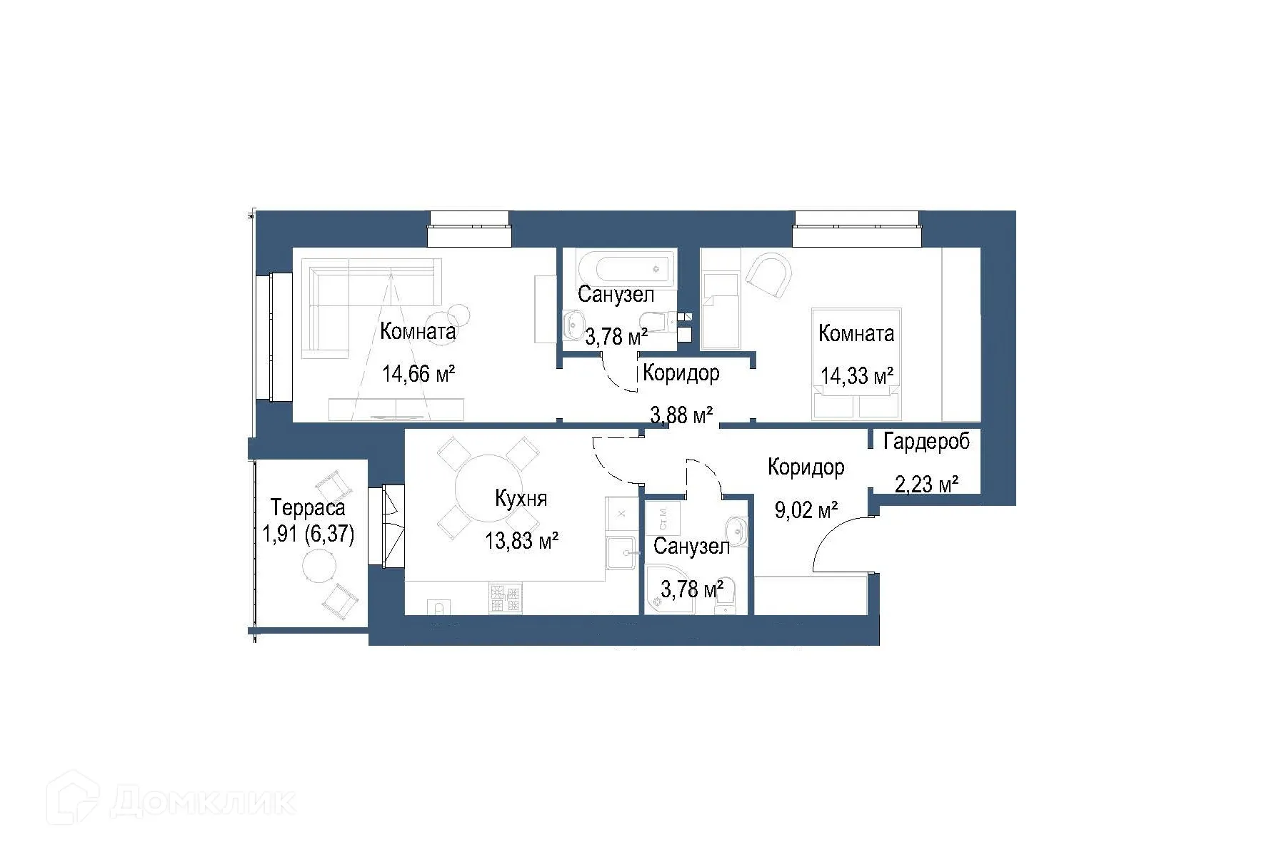 Планировка 2-комнатной квартиры 67.42 м² в ЖК на ул. Мамонтова, г. Ярославль — фото 1