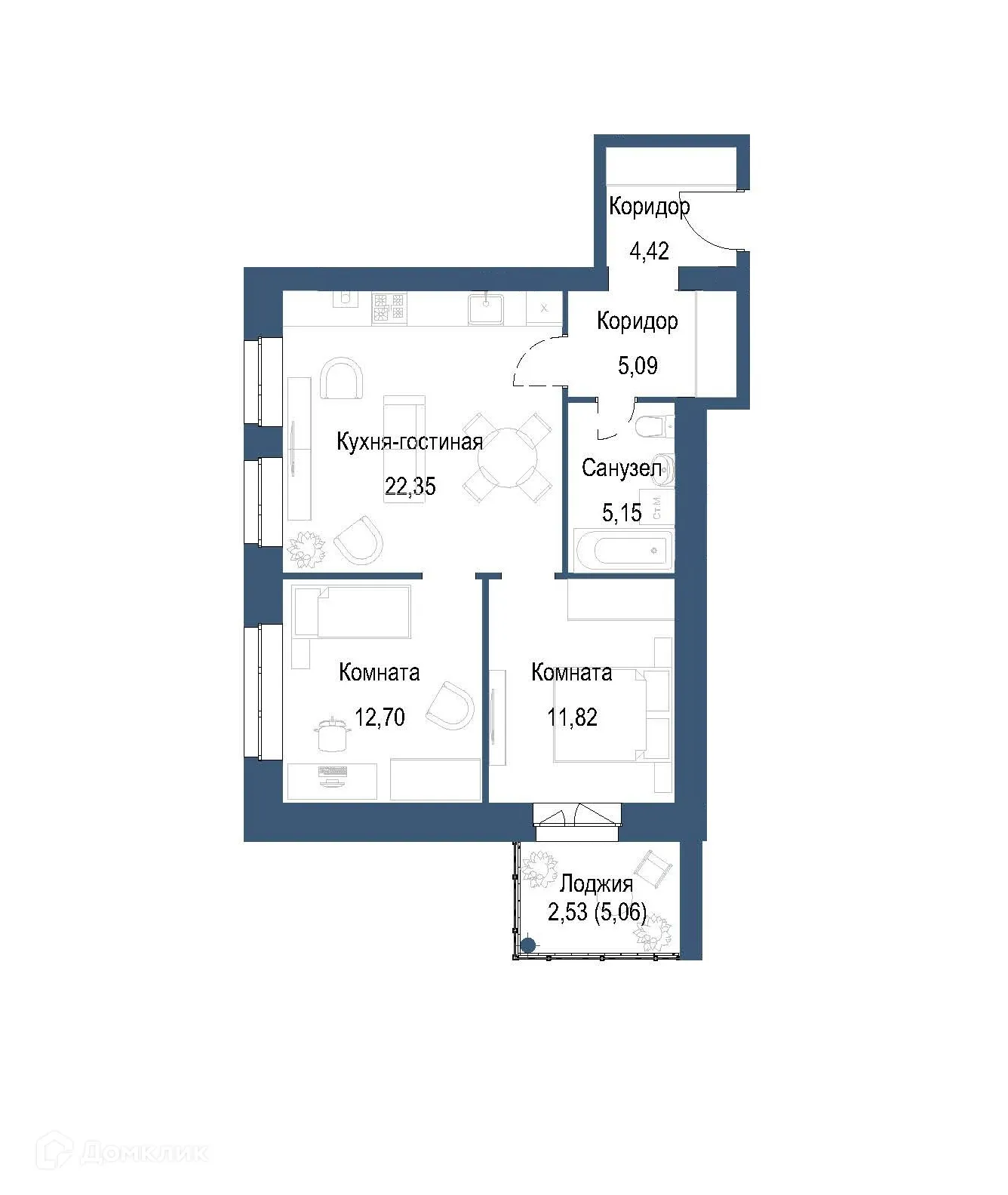 Планировка 2-комнатной квартиры 64.06 м² в ЖК на ул. Мамонтова, г. Ярославль — фото 1