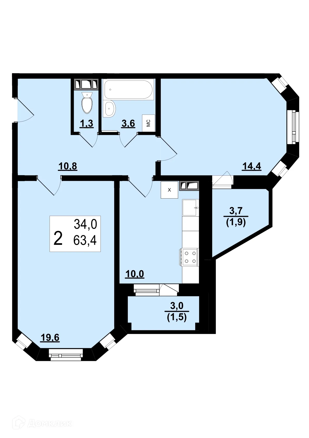 Планировка 2-комнатной квартиры 63.4 м² в ЖК Полёт, г. Ярославль — фото 1