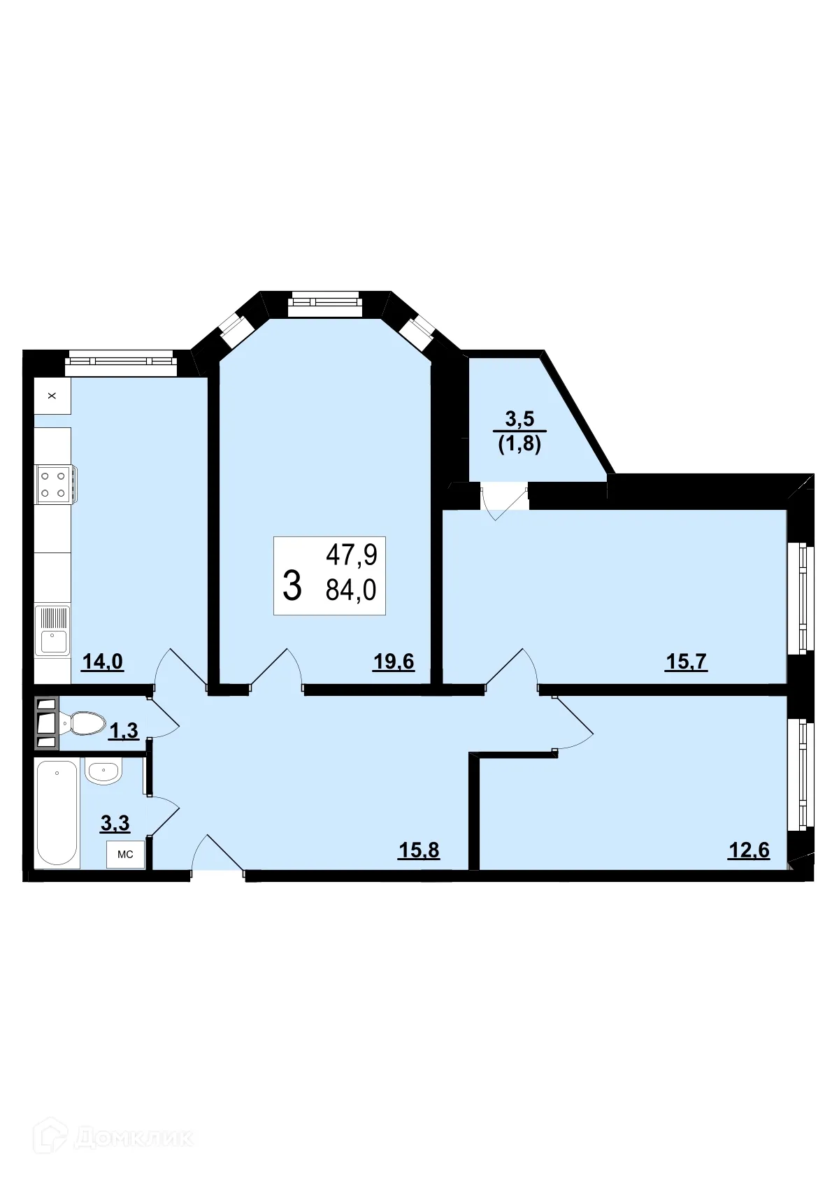 Планировка 3-комнатной квартиры 84 м² в ЖК Полёт, г. Ярославль — фото 1