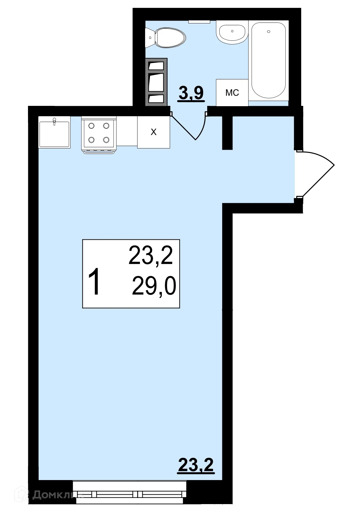 Планировка студии квартиры 29 м² в ЖК Полёт, г. Ярославль — фото 1