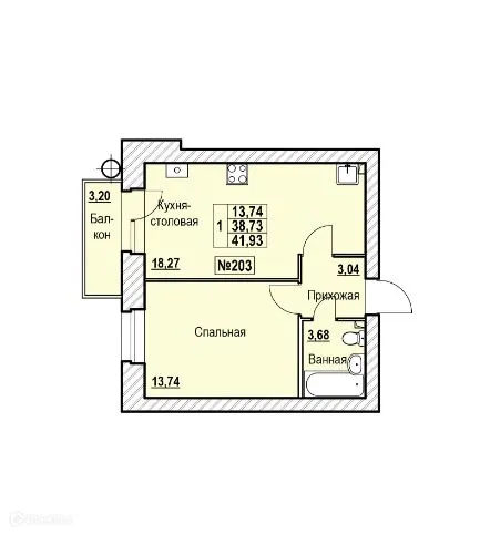 Планировка 1-комнатной квартиры 41.93 м² в ЖК в городе Ярославль, шоссе Тутаевское, д. 93-а, г. Ярославль — фото 1