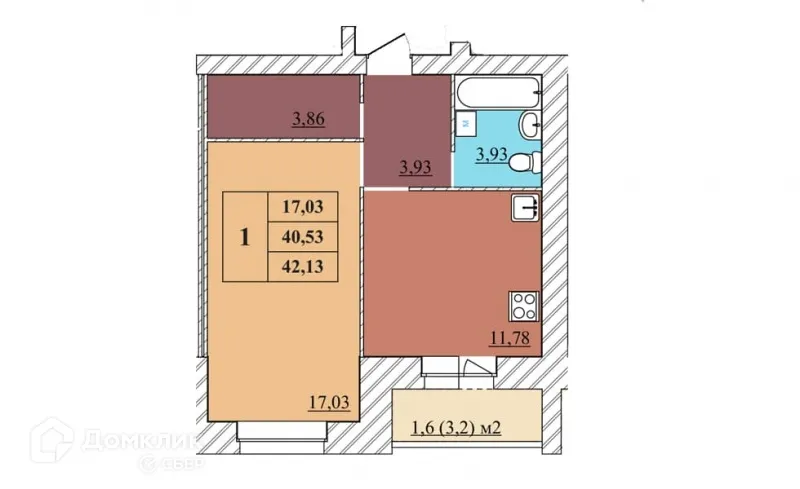 Планировка 1-комнатной квартиры 42.13 м² в ЖК "Идиллия", г. Ярославль — фото 1