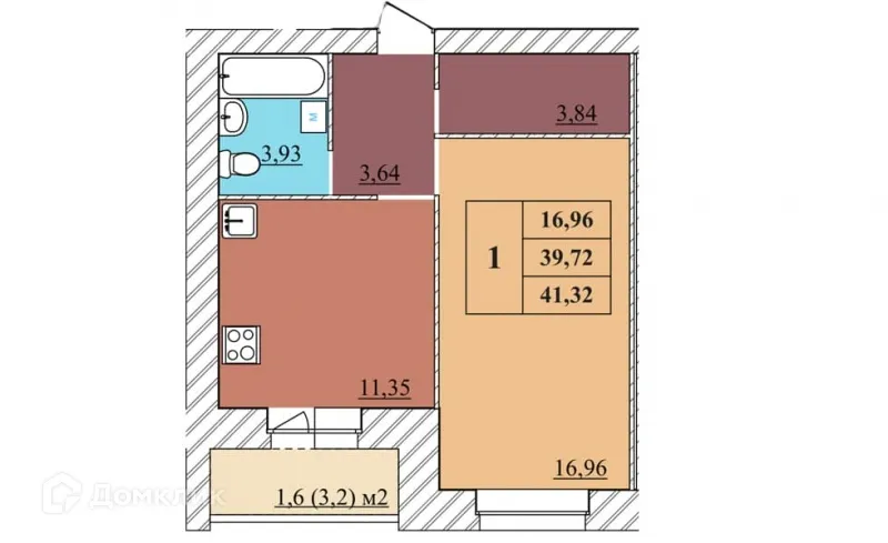 Планировка 1-комнатной квартиры 41.32 м² в ЖК "Идиллия", г. Ярославль — фото 1