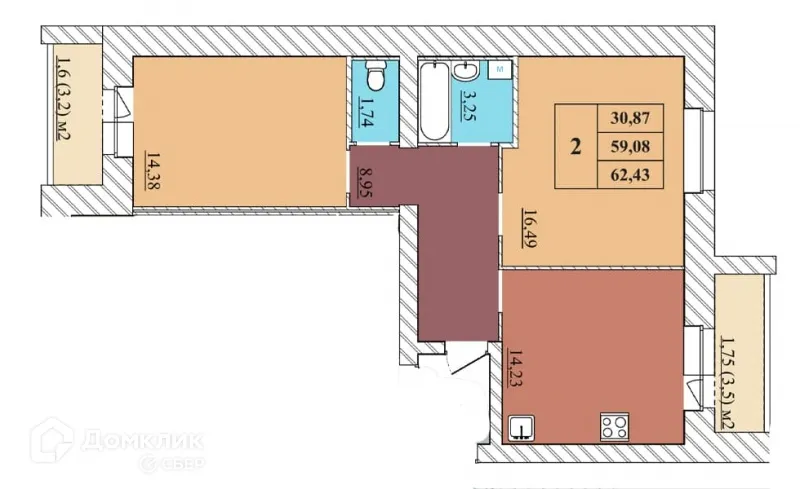 Планировка 2-комнатной квартиры 62.43 м² в ЖК "Идиллия", г. Ярославль — фото 1
