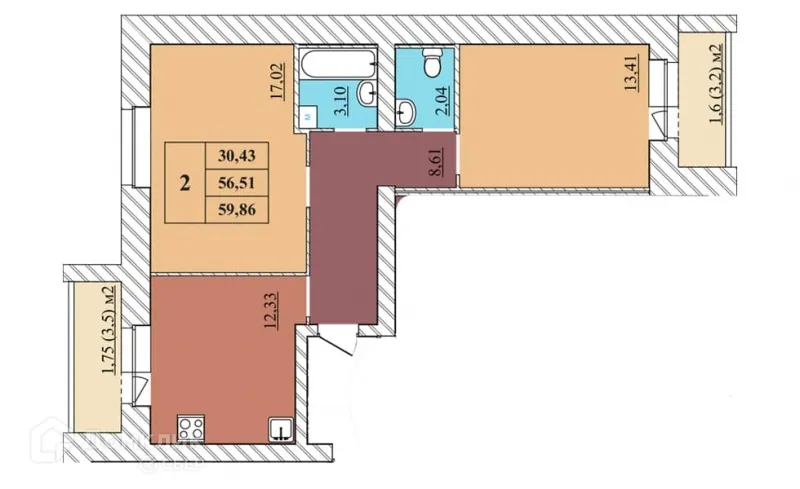 Планировка 2-комнатной квартиры 59.86 м² в ЖК "Идиллия", г. Ярославль — фото 1