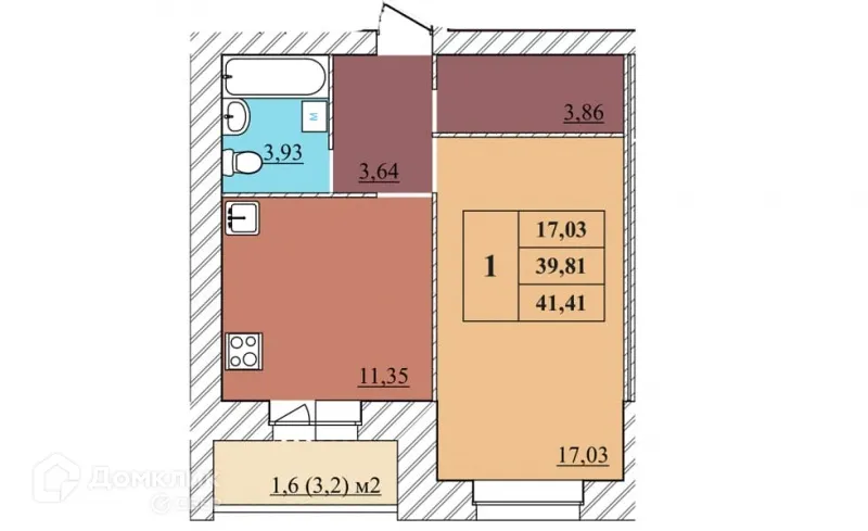 Планировка 1-комнатной квартиры 41.41 м² в ЖК "Идиллия", г. Ярославль — фото 1