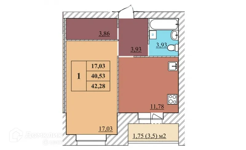 Планировка 1-комнатной квартиры 42.28 м² в ЖК "Идиллия", г. Ярославль — фото 1