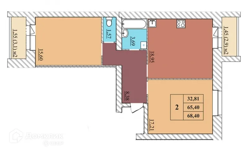 Планировка 2-комнатной квартиры 68.4 м² в ЖК "Идиллия", г. Ярославль — фото 1