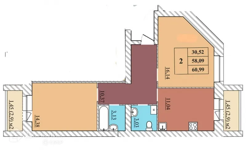 Планировка 2-комнатной квартиры 60.99 м² в ЖК "Идиллия", г. Ярославль — фото 1