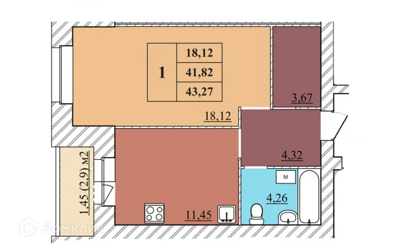 Планировка 1-комнатной квартиры 43.27 м² в ЖК "Идиллия", г. Ярославль — фото 1