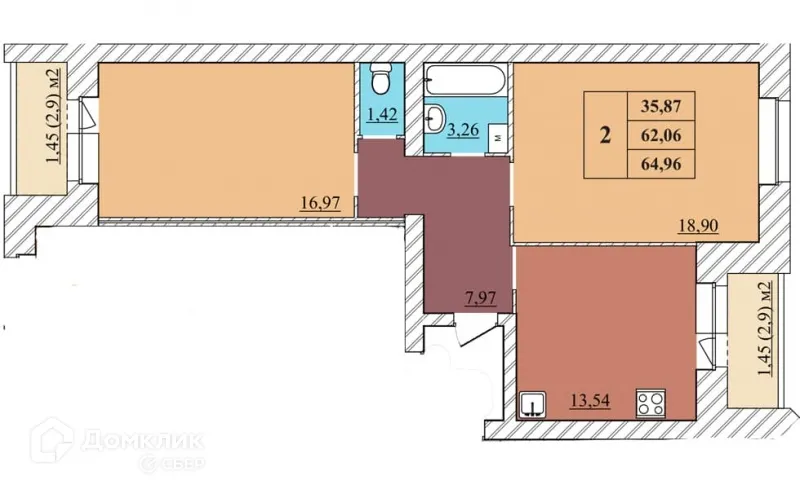 Планировка 2-комнатной квартиры 64.96 м² в ЖК "Идиллия", г. Ярославль — фото 1