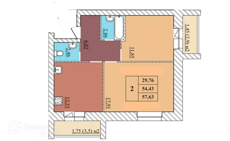 Планировка 2-комнатной квартиры 57.63 м² в ЖК "Идиллия", г. Ярославль — фото 1