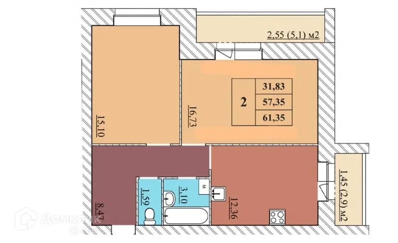 Планировка 2-комнатной квартиры 61.35 м² в ЖК "Идиллия", г. Ярославль — фото 1
