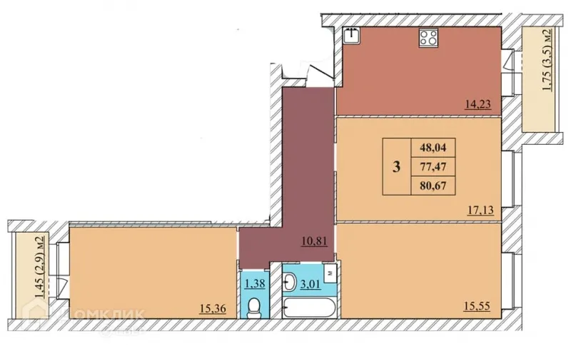 Планировка 3-комнатной квартиры 80.67 м² в ЖК "Идиллия", г. Ярославль — фото 1